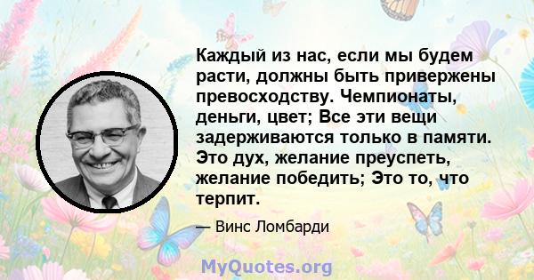 Каждый из нас, если мы будем расти, должны быть привержены превосходству. Чемпионаты, деньги, цвет; Все эти вещи задерживаются только в памяти. Это дух, желание преуспеть, желание победить; Это то, что терпит.