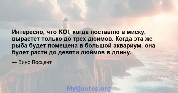 Интересно, что KOI, когда поставлю в миску, вырастет только до трех дюймов. Когда эта же рыба будет помещена в большой аквариум, она будет расти до девяти дюймов в длину.