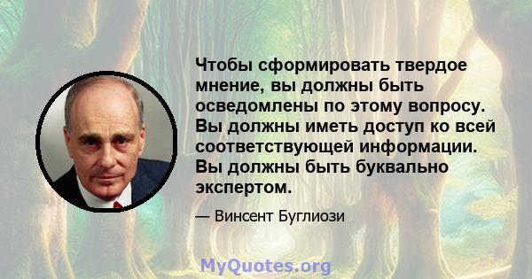 Чтобы сформировать твердое мнение, вы должны быть осведомлены по этому вопросу. Вы должны иметь доступ ко всей соответствующей информации. Вы должны быть буквально экспертом.