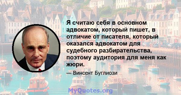 Я считаю себя в основном адвокатом, который пишет, в отличие от писателя, который оказался адвокатом для судебного разбирательства, поэтому аудитория для меня как жюри.