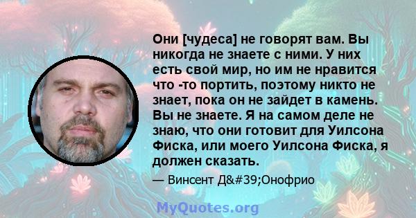 Они [чудеса] не говорят вам. Вы никогда не знаете с ними. У них есть свой мир, но им не нравится что -то портить, поэтому никто не знает, пока он не зайдет в камень. Вы не знаете. Я на самом деле не знаю, что они