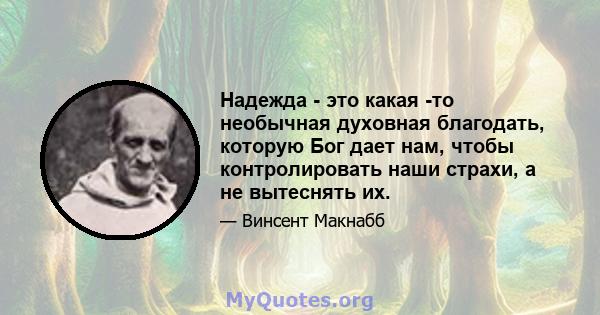 Надежда - это какая -то необычная духовная благодать, которую Бог дает нам, чтобы контролировать наши страхи, а не вытеснять их.