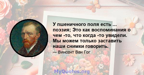 У пшеничного поля есть ... поэзия; Это как воспоминания о чем -то, что когда -то увидели. Мы можем только заставить наши снимки говорить.