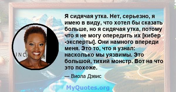 Я сидячая утка. Нет, серьезно, я имею в виду, что хотел бы сказать больше, но я сидячая утка, потому что я не могу опередить их [кибер -эксперты]. Они намного впереди меня. Это то, что я узнал: насколько мы уязвимы. Это 