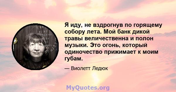 Я иду, не вздрогнув по горящему собору лета. Мой банк дикой травы величественна и полон музыки. Это огонь, который одиночество прижимает к моим губам.