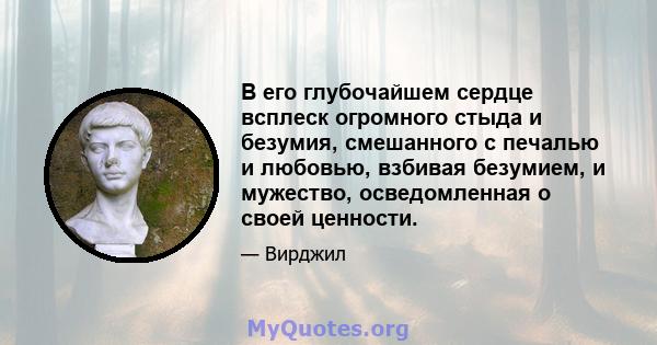 В его глубочайшем сердце всплеск огромного стыда и безумия, смешанного с печалью и любовью, взбивая безумием, и мужество, осведомленная о своей ценности.