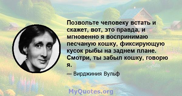 Позвольте человеку встать и скажет, вот, это правда, и мгновенно я воспринимаю песчаную кошку, фиксирующую кусок рыбы на заднем плане. Смотри, ты забыл кошку, говорю я.