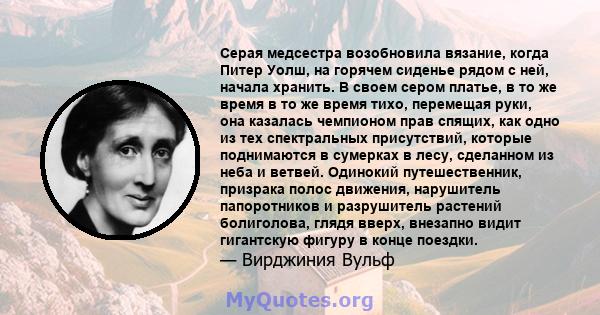 Серая медсестра возобновила вязание, когда Питер Уолш, на горячем сиденье рядом с ней, начала хранить. В своем сером платье, в то же время в то же время тихо, перемещая руки, она казалась чемпионом прав спящих, как одно 