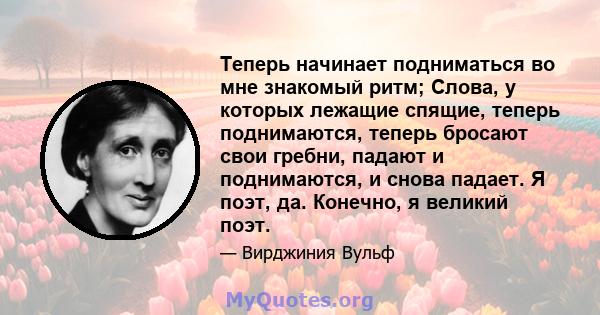 Теперь начинает подниматься во мне знакомый ритм; Слова, у которых лежащие спящие, теперь поднимаются, теперь бросают свои гребни, падают и поднимаются, и снова падает. Я поэт, да. Конечно, я великий поэт.