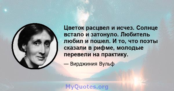 Цветок расцвел и исчез. Солнце встало и затонуло. Любитель любил и пошел. И то, что поэты сказали в рифме, молодые перевели на практику.