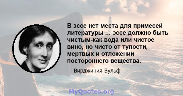 В эссе нет места для примесей литературы ... эссе должно быть чистым-как вода или чистое вино, но чисто от тупости, мертвых и отложений постороннего вещества.