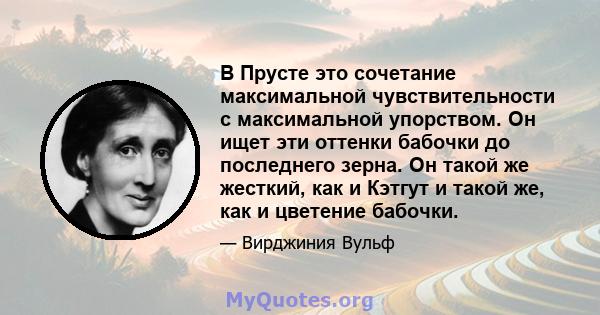 В Прусте это сочетание максимальной чувствительности с максимальной упорством. Он ищет эти оттенки бабочки до последнего зерна. Он такой же жесткий, как и Кэтгут и такой же, как и цветение бабочки.