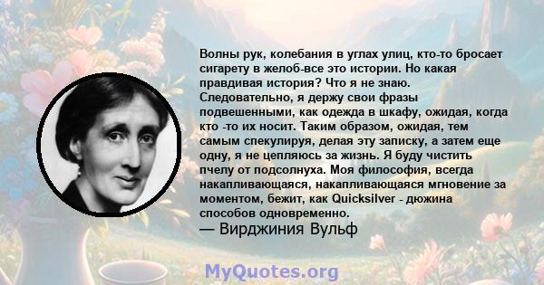 Волны рук, колебания в углах улиц, кто-то бросает сигарету в желоб-все это истории. Но какая правдивая история? Что я не знаю. Следовательно, я держу свои фразы подвешенными, как одежда в шкафу, ожидая, когда кто -то их 