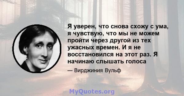 Я уверен, что снова схожу с ума, я чувствую, что мы не можем пройти через другой из тех ужасных времен. И я не восстановился на этот раз. Я начинаю слышать голоса