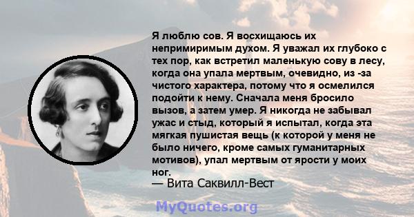 Я люблю сов. Я восхищаюсь их непримиримым духом. Я уважал их глубоко с тех пор, как встретил маленькую сову в лесу, когда она упала мертвым, очевидно, из -за чистого характера, потому что я осмелился подойти к нему.