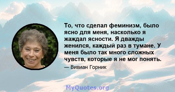 То, что сделал феминизм, было ясно для меня, насколько я жаждал ясности. Я дважды женился, каждый раз в тумане. У меня было так много сложных чувств, которые я не мог понять.