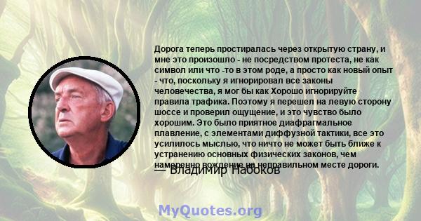 Дорога теперь простиралась через открытую страну, и мне это произошло - не посредством протеста, не как символ или что -то в этом роде, а просто как новый опыт - что, поскольку я игнорировал все законы человечества, я