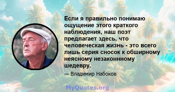 Если я правильно понимаю ощущение этого краткого наблюдения, наш поэт предлагает здесь, что человеческая жизнь - это всего лишь серия сносок к обширному неясному незаконнному шедевру.