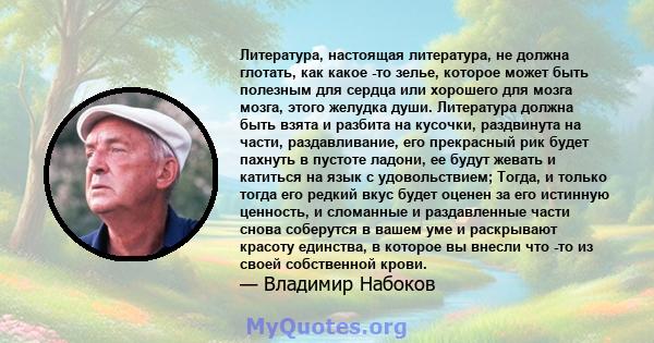 Литература, настоящая литература, не должна глотать, как какое -то зелье, которое может быть полезным для сердца или хорошего для мозга мозга, этого желудка души. Литература должна быть взята и разбита на кусочки,