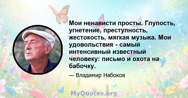 Мои ненависти просты. Глупость, угнетение, преступность, жестокость, мягкая музыка. Мои удовольствия - самый интенсивный известный человеку: письмо и охота на бабочку.