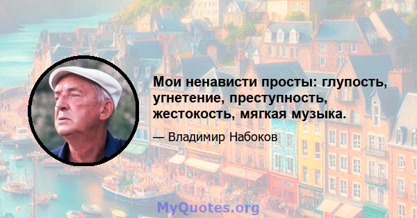 Мои ненависти просты: глупость, угнетение, преступность, жестокость, мягкая музыка.