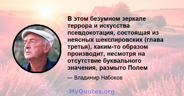 В этом безумном зеркале террора и искусства псевдокотация, состоящая из неясных шекспировских (глава третья), каким-то образом производит, несмотря на отсутствие буквального значения, размыто Полем