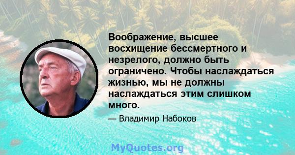 Воображение, высшее восхищение бессмертного и незрелого, должно быть ограничено. Чтобы наслаждаться жизнью, мы не должны наслаждаться этим слишком много.