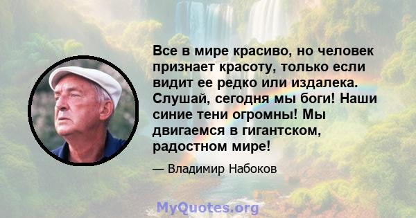 Все в мире красиво, но человек признает красоту, только если видит ее редко или издалека. Слушай, сегодня мы боги! Наши синие тени огромны! Мы двигаемся в гигантском, радостном мире!