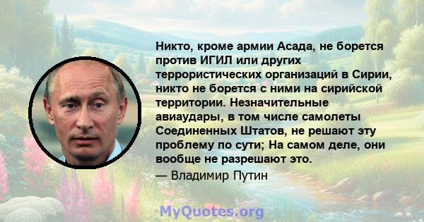 Никто, кроме армии Асада, не борется против ИГИЛ или других террористических организаций в Сирии, никто не борется с ними на сирийской территории. Незначительные авиаудары, в том числе самолеты Соединенных Штатов, не