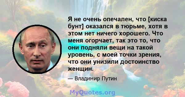 Я не очень опечален, что [киска бунт] оказался в тюрьме, хотя в этом нет ничего хорошего. Что меня огорчает, так это то, что они подняли вещи на такой уровень, с моей точки зрения, что они унизили достоинство женщин.