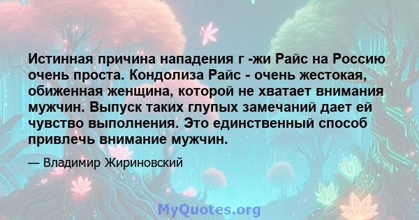 Истинная причина нападения г -жи Райс на Россию очень проста. Кондолиза Райс - очень жестокая, обиженная женщина, которой не хватает внимания мужчин. Выпуск таких глупых замечаний дает ей чувство выполнения. Это