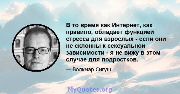 В то время как Интернет, как правило, обладает функцией стресса для взрослых - если они не склонны к сексуальной зависимости - я не вижу в этом случае для подростков.