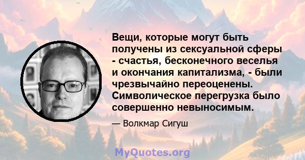 Вещи, которые могут быть получены из сексуальной сферы - счастья, бесконечного веселья и окончания капитализма, - были чрезвычайно переоценены. Символическое перегрузка было совершенно невыносимым.