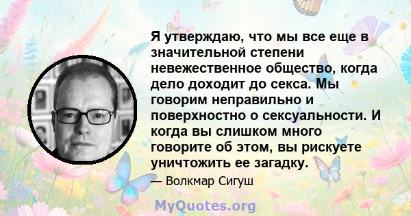 Я утверждаю, что мы все еще в значительной степени невежественное общество, когда дело доходит до секса. Мы говорим неправильно и поверхностно о сексуальности. И когда вы слишком много говорите об этом, вы рискуете