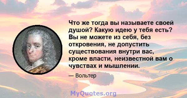 Что же тогда вы называете своей душой? Какую идею у тебя есть? Вы не можете из себя, без откровения, не допустить существования внутри вас, кроме власти, неизвестной вам о чувствах и мышлении.