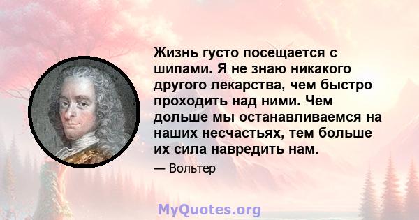 Жизнь густо посещается с шипами. Я не знаю никакого другого лекарства, чем быстро проходить над ними. Чем дольше мы останавливаемся на наших несчастьях, тем больше их сила навредить нам.