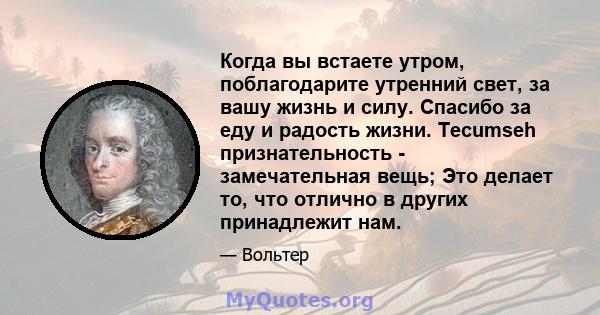 Когда вы встаете утром, поблагодарите утренний свет, за вашу жизнь и силу. Спасибо за еду и радость жизни. Tecumseh признательность - замечательная вещь; Это делает то, что отлично в других принадлежит нам.