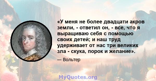 «У меня не более двадцати акров земли, - ответил он, - все, что я выращиваю себя с помощью своих детей; и наш труд удерживает от нас три великих зла - скука, порок и желание».