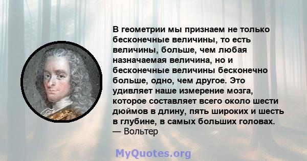 В геометрии мы признаем не только бесконечные величины, то есть величины, больше, чем любая назначаемая величина, но и бесконечные величины бесконечно больше, одно, чем другое. Это удивляет наше измерение мозга, которое 