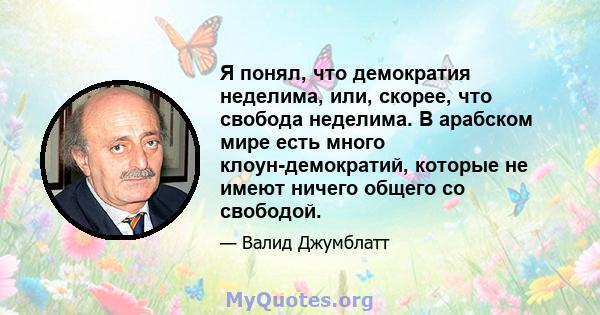 Я понял, что демократия неделима, или, скорее, что свобода неделима. В арабском мире есть много клоун-демократий, которые не имеют ничего общего со свободой.