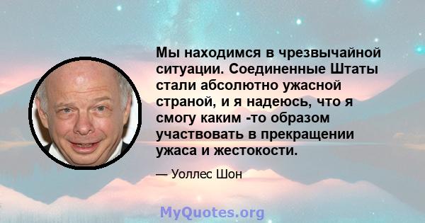 Мы находимся в чрезвычайной ситуации. Соединенные Штаты стали абсолютно ужасной страной, и я надеюсь, что я смогу каким -то образом участвовать в прекращении ужаса и жестокости.