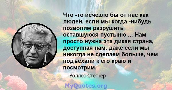 Что -то исчезло бы от нас как людей, если мы когда -нибудь позволим разрушить оставшуюся пустыню ... Нам просто нужна эта дикая страна, доступная нам, даже если мы никогда не сделаем больше, чем подъехали к его краю и