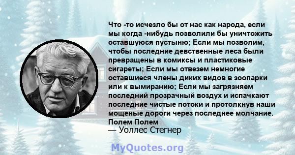 Что -то исчезло бы от нас как народа, если мы когда -нибудь позволили бы уничтожить оставшуюся пустыню; Если мы позволим, чтобы последние девственные леса были превращены в комиксы и пластиковые сигареты; Если мы