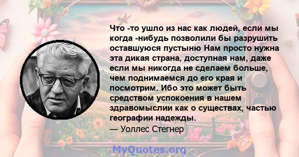 Что -то ушло из нас как людей, если мы когда -нибудь позволили бы разрушить оставшуюся пустыню Нам просто нужна эта дикая страна, доступная нам, даже если мы никогда не сделаем больше, чем поднимаемся до его края и