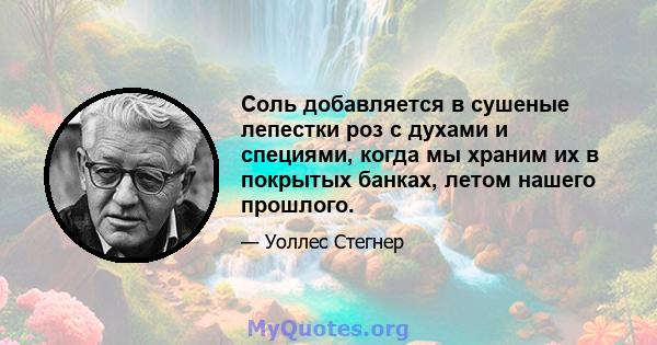 Соль добавляется в сушеные лепестки роз с духами и специями, когда мы храним их в покрытых банках, летом нашего прошлого.