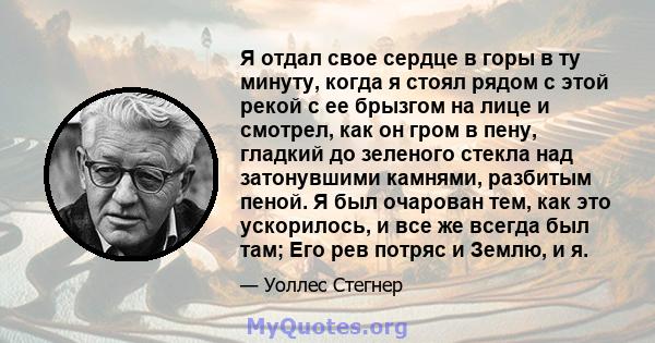 Я отдал свое сердце в горы в ту минуту, когда я стоял рядом с этой рекой с ее брызгом на лице и смотрел, как он гром в пену, гладкий до зеленого стекла над затонувшими камнями, разбитым пеной. Я был очарован тем, как