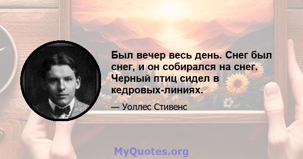 Был вечер весь день. Снег был снег, и он собирался на снег. Черный птиц сидел в кедровых-линиях.