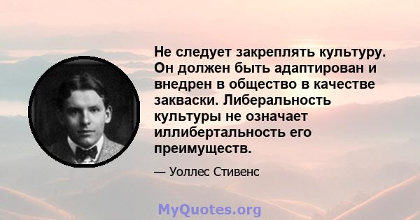 Не следует закреплять культуру. Он должен быть адаптирован и внедрен в общество в качестве закваски. Либеральность культуры не означает иллибертальность его преимуществ.