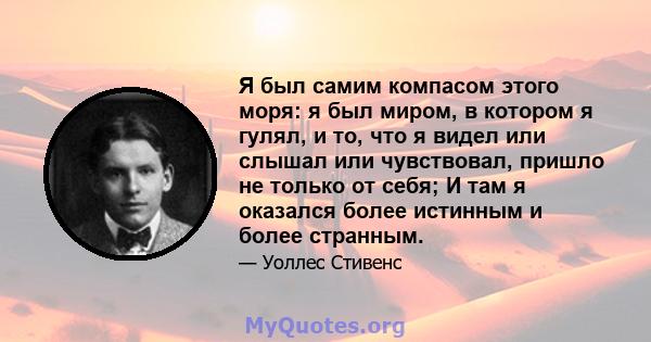 Я был самим компасом этого моря: я был миром, в котором я гулял, и то, что я видел или слышал или чувствовал, пришло не только от себя; И там я оказался более истинным и более странным.