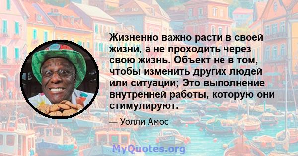 Жизненно важно расти в своей жизни, а не проходить через свою жизнь. Объект не в том, чтобы изменить других людей или ситуации; Это выполнение внутренней работы, которую они стимулируют.